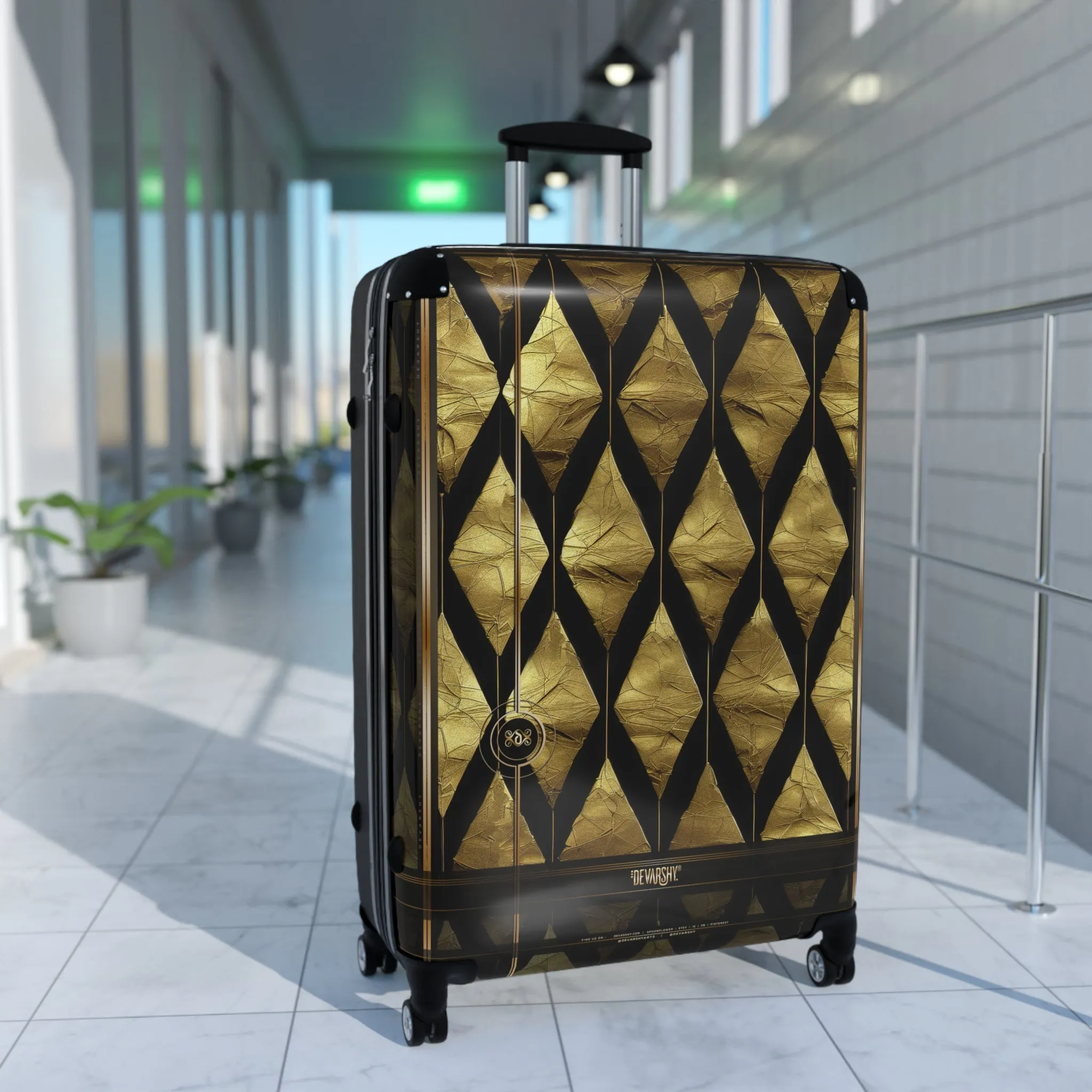 Geometric Pattern Suitcase Black and Gold Luggage Luxury Carry-on Suitcase Premium Hard Shell Suitcase | X3348B