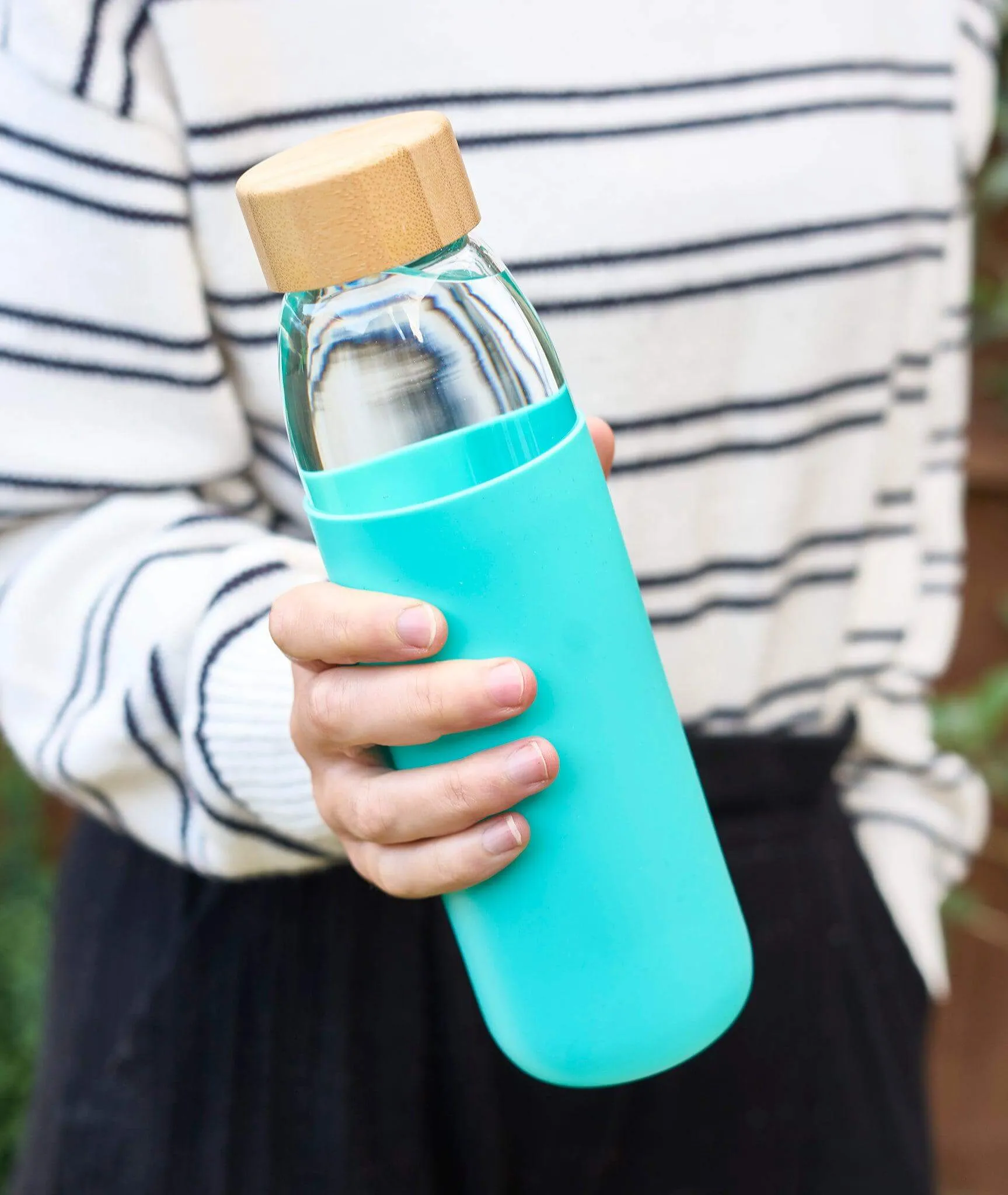 Glass Water Bottle with Bamboo Lid & Coloured Silicone Sleeve 540ml Assorted Colours BPA FREE