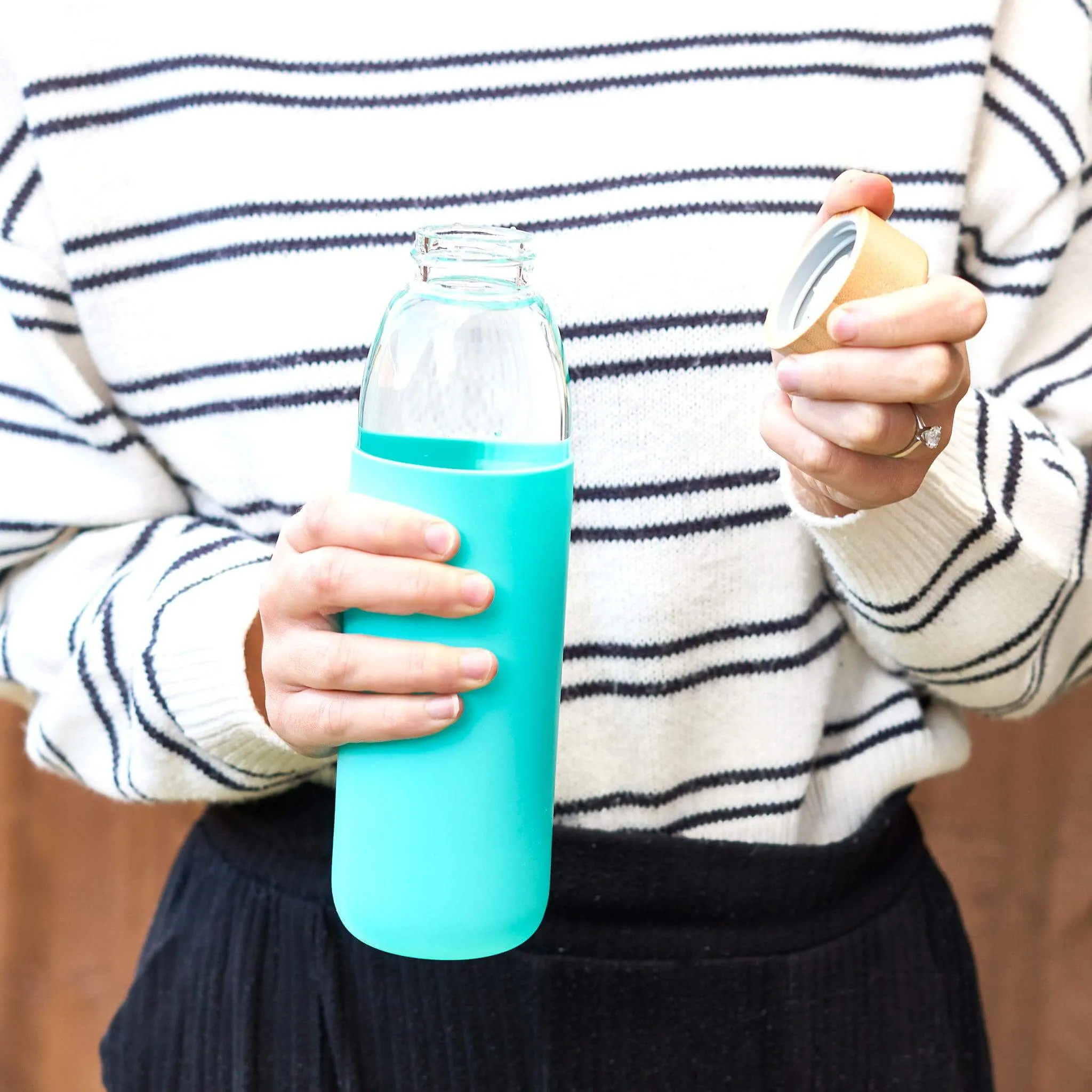 Glass Water Bottle with Bamboo Lid & Coloured Silicone Sleeve 540ml Assorted Colours BPA FREE