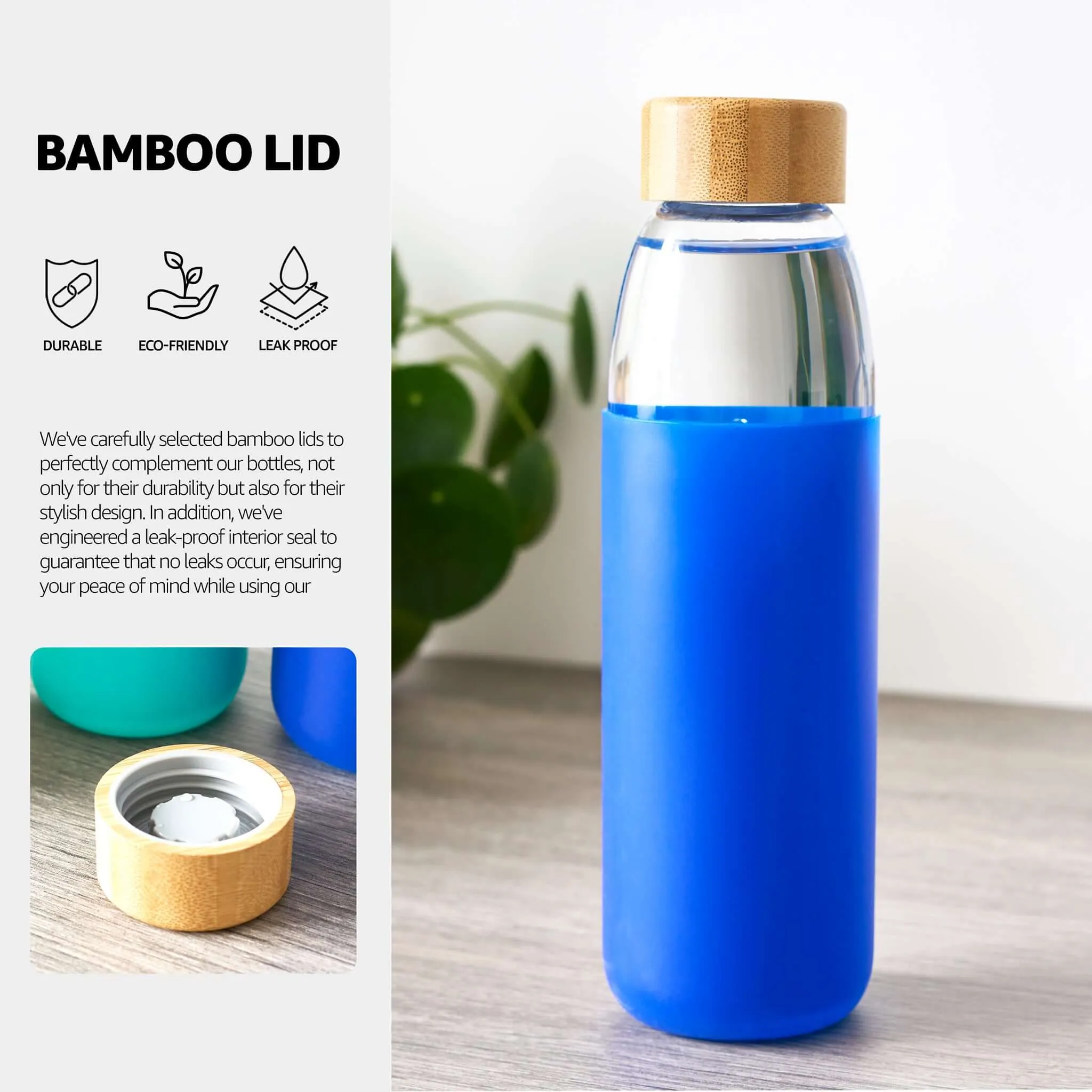 Glass Water Bottle with Bamboo Lid & Coloured Silicone Sleeve 540ml Assorted Colours BPA FREE