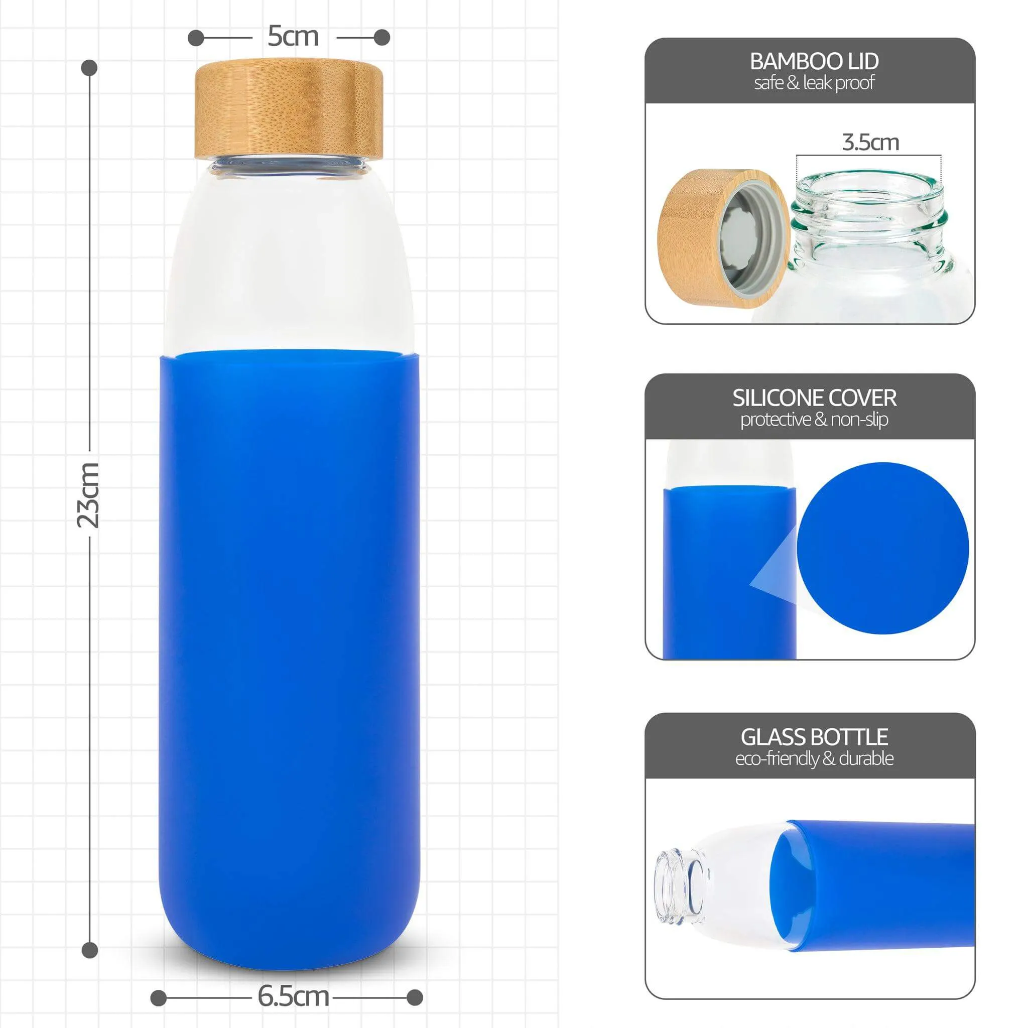 Glass Water Bottle with Bamboo Lid & Coloured Silicone Sleeve 540ml Assorted Colours BPA FREE