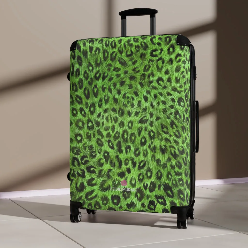 Green Leopard Print Suitcases, Leopard Spots Animal Print Designer Suitcase Luggage (Small, Medium, Large)