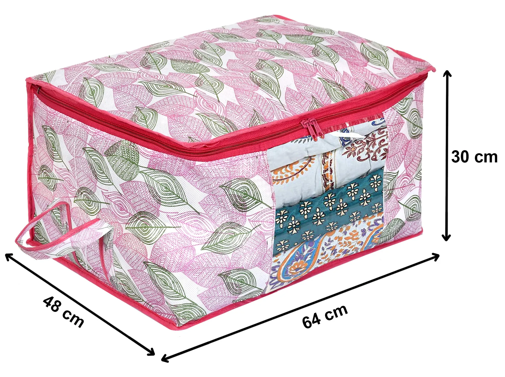 Heart Home Leaf Design Non-woven Foldable Underbed/Storage Bag/Wardrobe Organizer With Transparent Window- Pack of 6 (Pink)-44HH0487