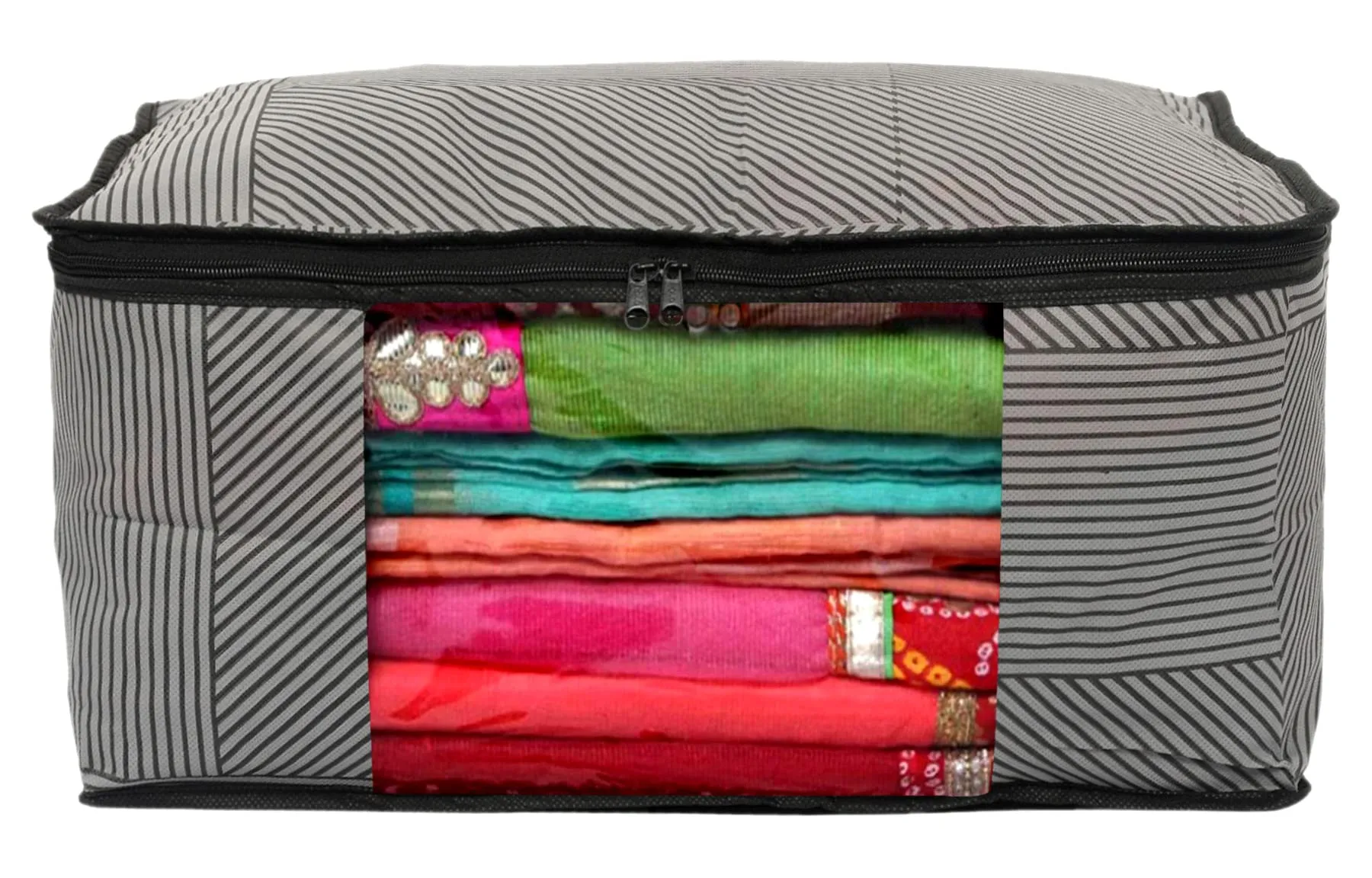 Heart Home Non-Woven Lining Print 2 Pieces Underbed Storage Bag & 2 Pieces Saree Cover With Transparent Window, Pack of 4 (Gray)