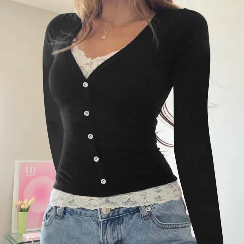 Korean Fashion Skinny Spring Autumn Women T-shirts Lace Patchwork Basic Buttons Top Tee Long Sleeve Contrast Y2K Cute