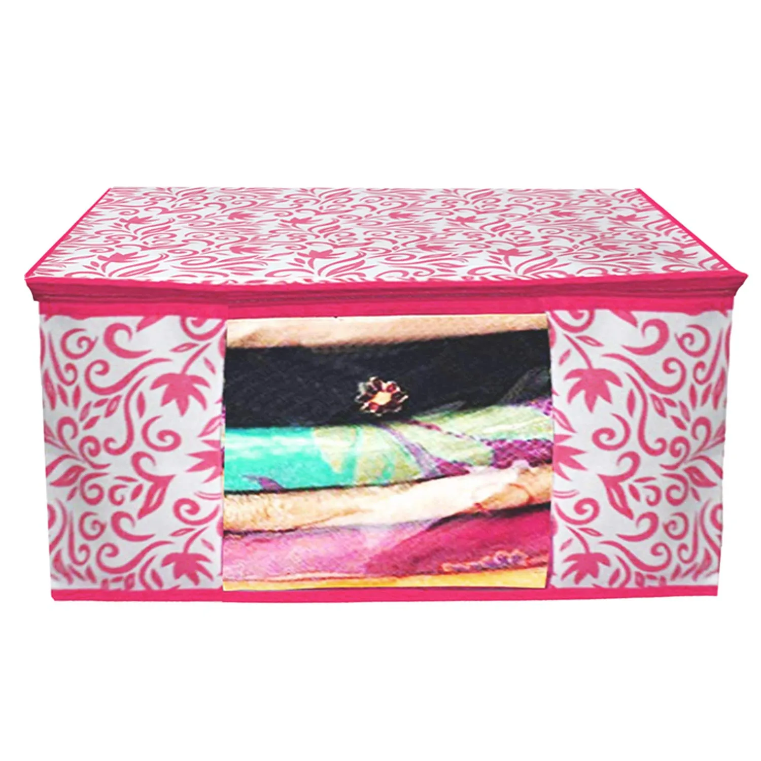 Kuber Industries Leaf Design Non Woven 4 Pieces Saree Cover and 4 Pieces Underbed Storage Bag, Cloth Organizer for Storage, Blanket Cover Combo Set (Pink) -CTKTC38662