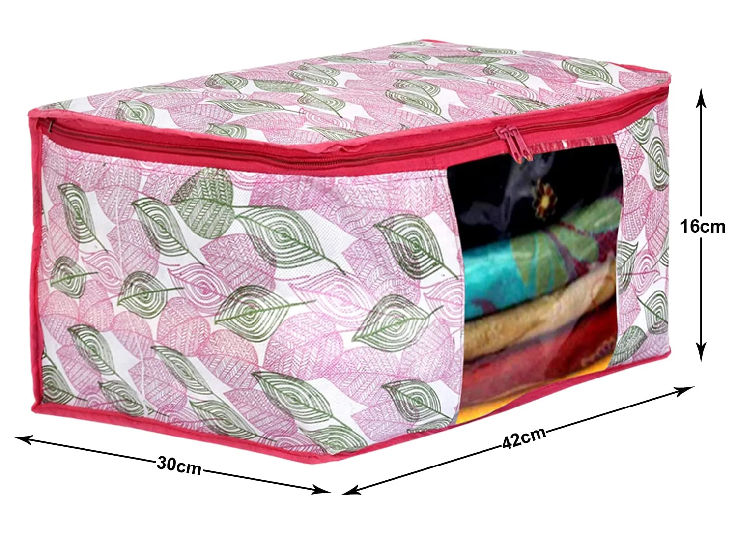 Kuber Industries Leaf Design Non-woven Foldable Saree Cover/Clothes Storage Bag/Wardrobe Organizer With Transparent Window- Pack of 12 (Pink)-44KM0367