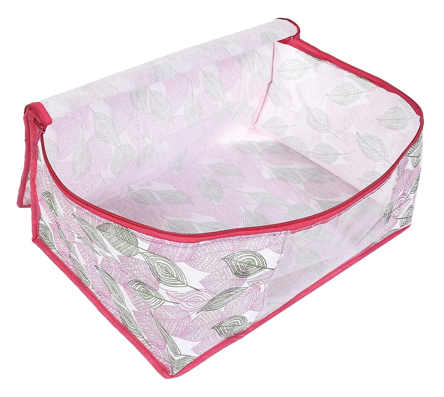 Kuber Industries Leaf Design Non-woven Foldable Saree Cover/Clothes Storage Bag/Wardrobe Organizer With Transparent Window- Pack of 12 (Pink)-44KM0367