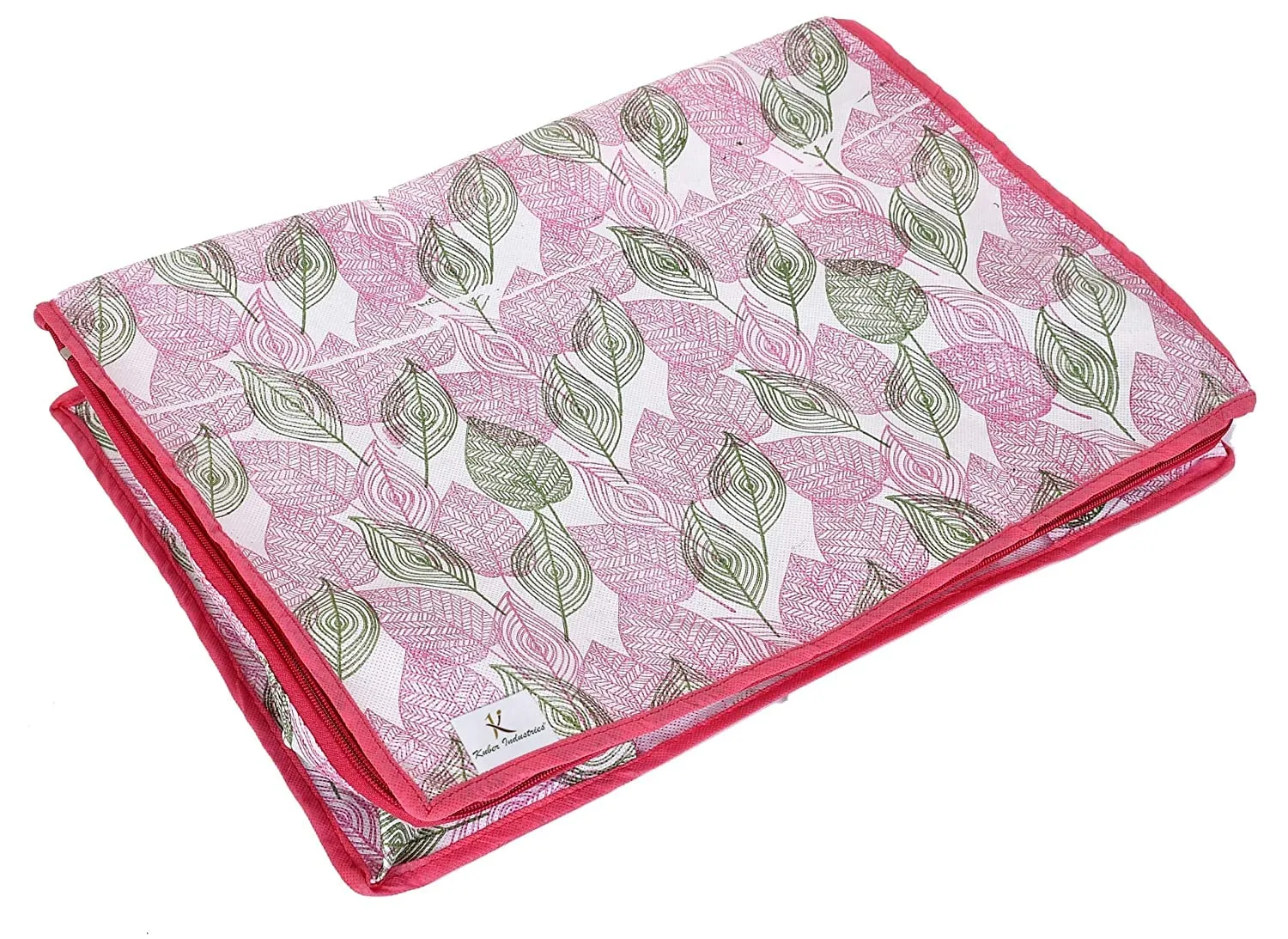 Kuber Industries Leaf Design Non-woven Foldable Saree Cover/Clothes Storage Bag/Wardrobe Organizer With Transparent Window- Pack of 12 (Pink)-44KM0367