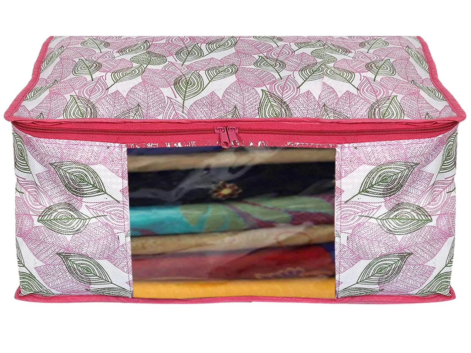 Kuber Industries Leaf Design Non-woven Foldable Saree Cover/Clothes Storage Bag/Wardrobe Organizer With Transparent Window- Pack of 12 (Pink)-44KM0367