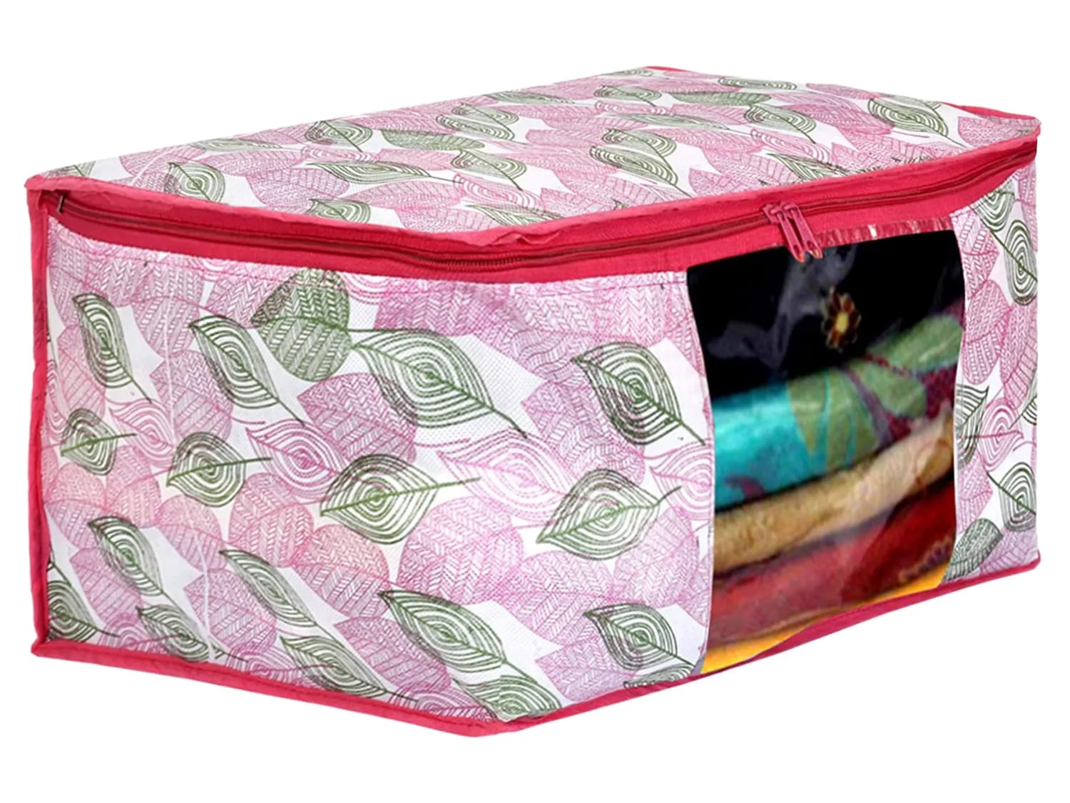 Kuber Industries Leaf Design Non-woven Foldable Saree Cover/Clothes Storage Bag/Wardrobe Organizer With Transparent Window- Pack of 12 (Pink)-44KM0367