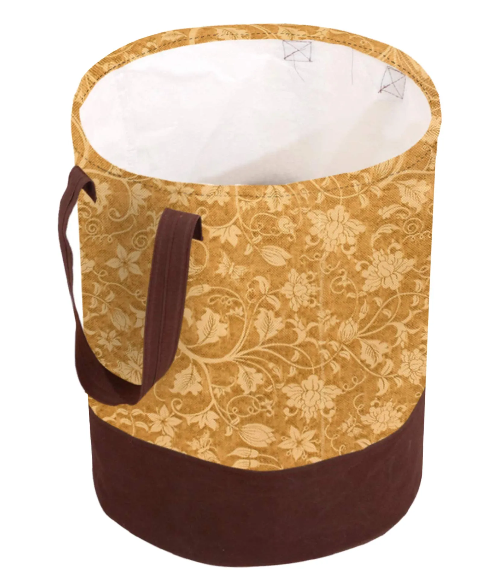 Kuber Industries Metalic Flower Print Round Non Woven Fabric Foldable Laundry Organiser with Handles,45 LTR (Set of 2, Beige)-KUBMART12060