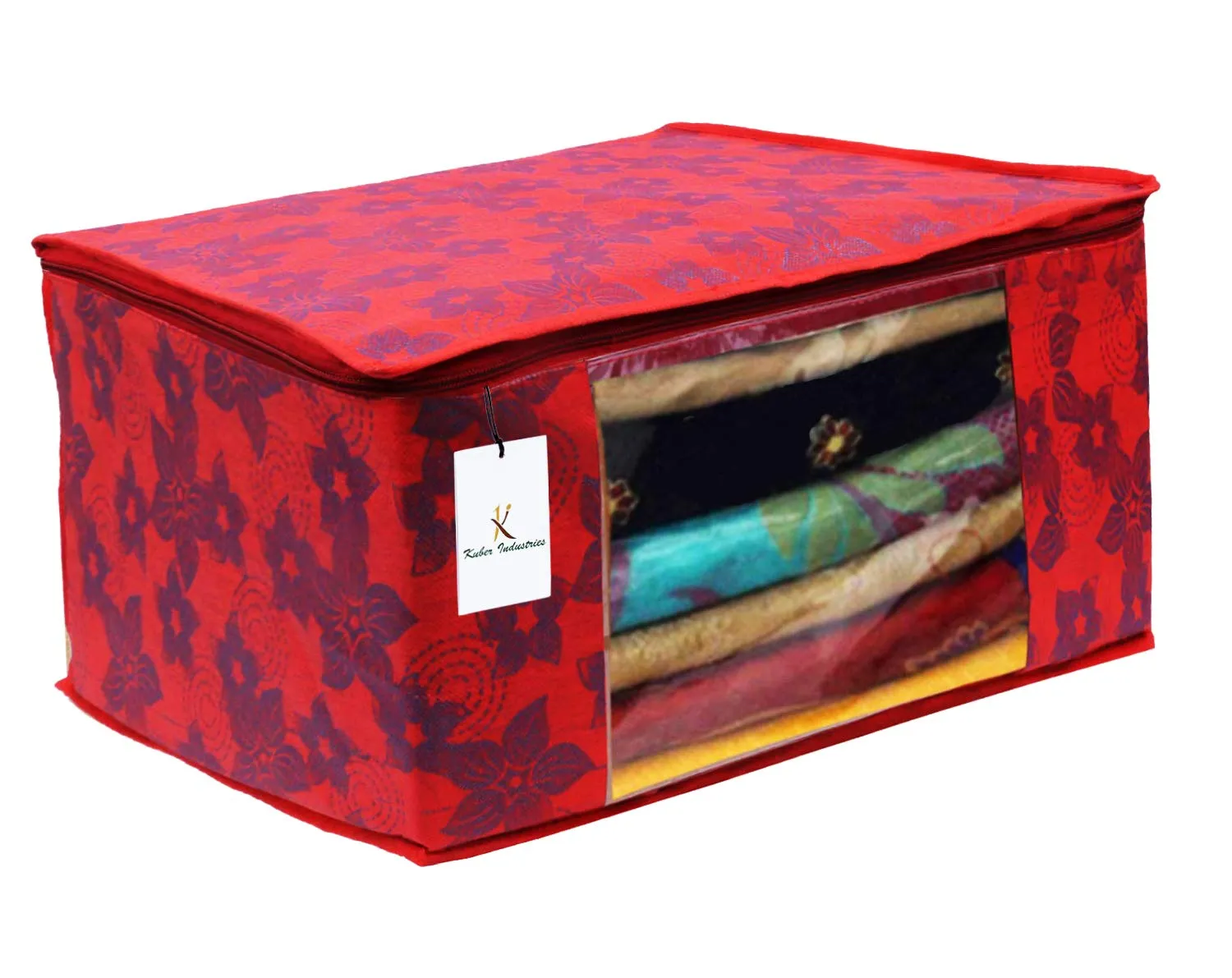 Kuber Industries Metallic Printed Non Woven 3 Pieces Saree Cover and 3 Pieces Underbed Storage Bag, Cloth Organizer for Storage, Blanket Cover Combo Set (Red) -CTKTC38551