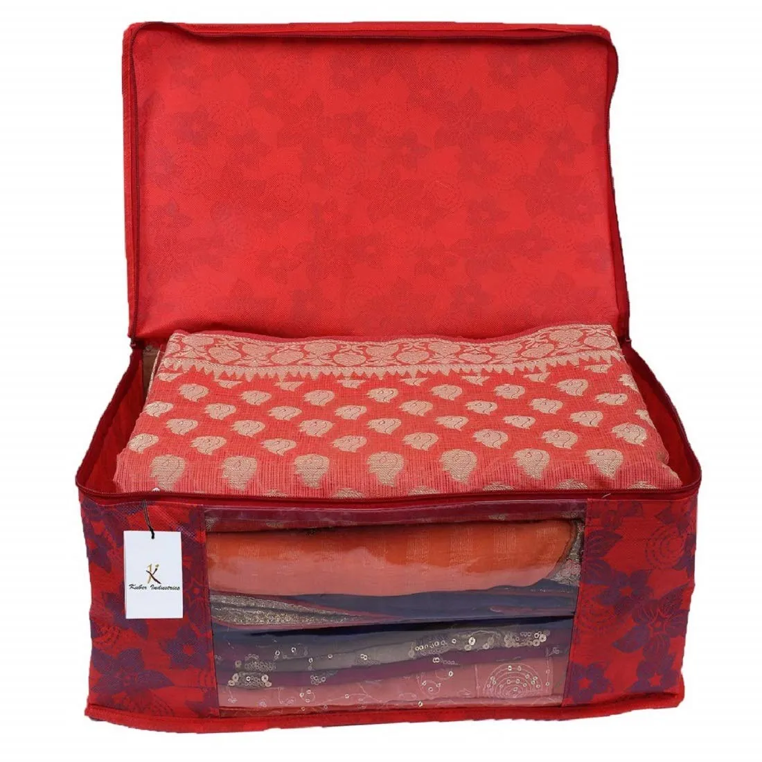 Kuber Industries Metallic Printed Non Woven 3 Pieces Saree Cover and 3 Pieces Underbed Storage Bag, Cloth Organizer for Storage, Blanket Cover Combo Set (Red) -CTKTC38551