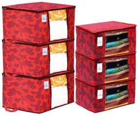 Kuber Industries Metallic Printed Non Woven 3 Pieces Saree Cover and 3 Pieces Underbed Storage Bag, Cloth Organizer for Storage, Blanket Cover Combo Set (Red) -CTKTC38551