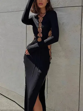 Long Solid Color Round Neck Long Sleeve Cross Tie-Up Cutout High Split Party Casual Sexy Dress