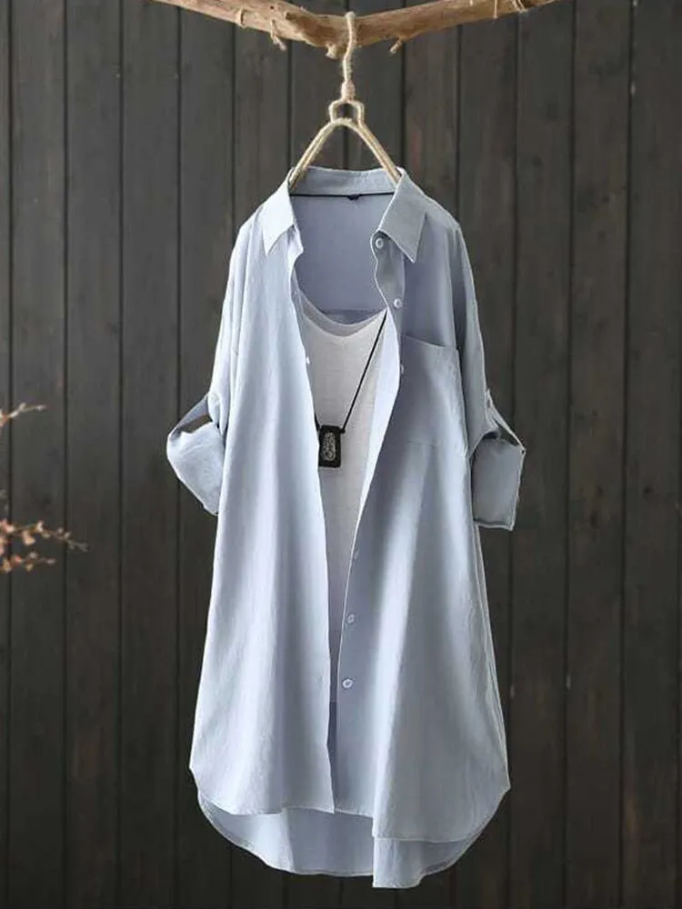 Loose Women White Long Shirts Pure Cotton Fall Long Sleeve Button Up Shirts Casual Turn Down Collar Female Autumn Tops