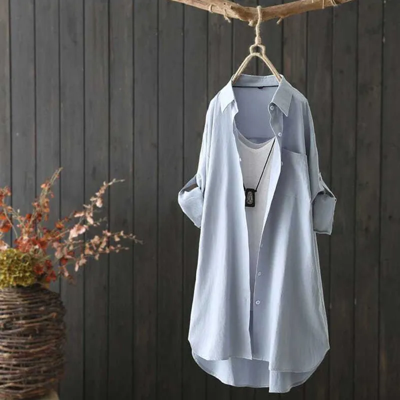 Loose Women White Long Shirts Pure Cotton Fall Long Sleeve Button Up Shirts Casual Turn Down Collar Female Autumn Tops