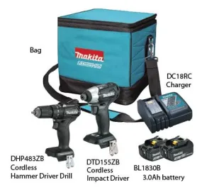 Makita 18V Combo Kit with Hammer Driver Drill (DHP483)   Impact Driver (DTD155) | Model : M-DLX2221B