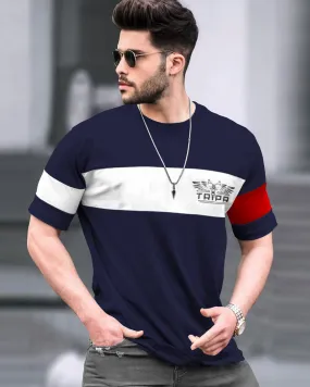 Men Navy Blue Striped Half Sleeve Round Neck T-shirt