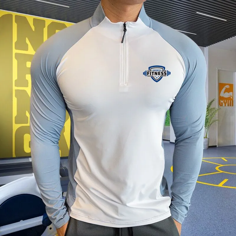 Mens Fitness Trainer Training Tshirts Tops Gym Workout Compression Sweatshirt for Running Football Jersey High Collar Sportswear