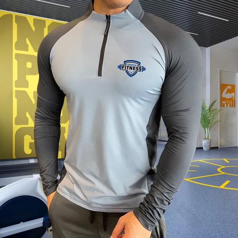 Mens Fitness Trainer Training Tshirts Tops Gym Workout Compression Sweatshirt for Running Football Jersey High Collar Sportswear