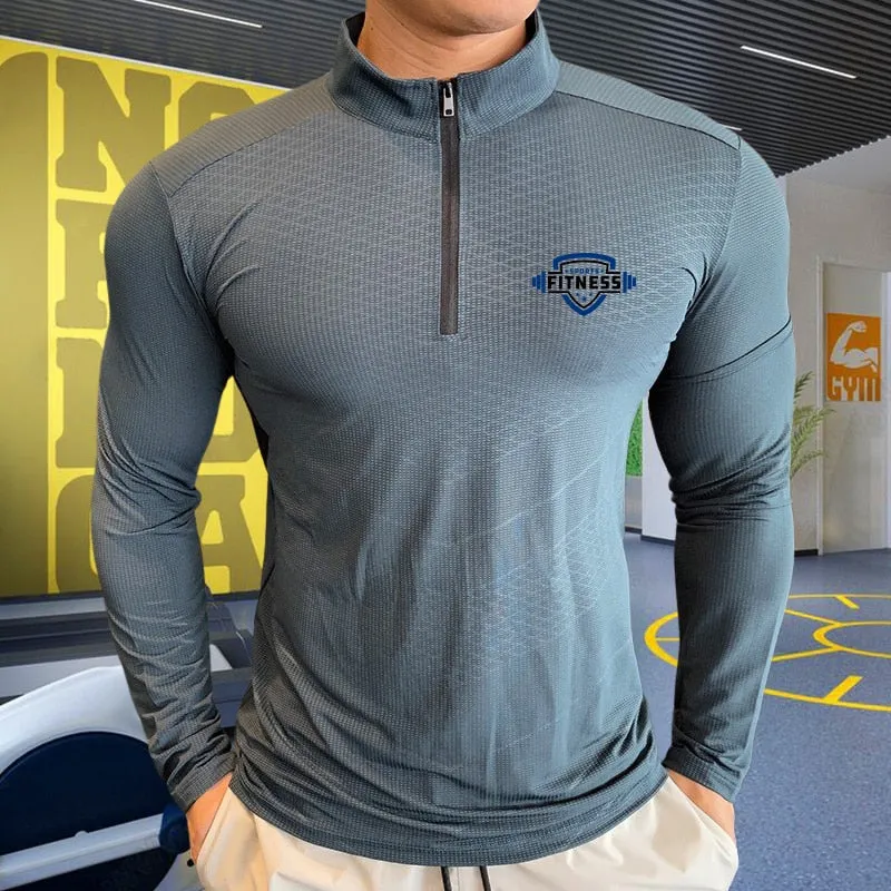 Mens Fitness Trainer Training Tshirts Tops Gym Workout Compression Sweatshirt for Running Football Jersey High Collar Sportswear