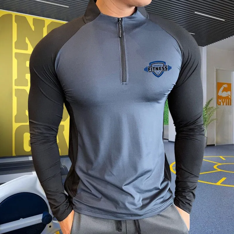 Mens Fitness Trainer Training Tshirts Tops Gym Workout Compression Sweatshirt for Running Football Jersey High Collar Sportswear