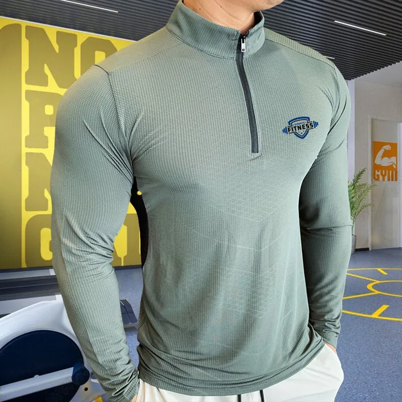 Mens Fitness Trainer Training Tshirts Tops Gym Workout Compression Sweatshirt for Running Football Jersey High Collar Sportswear