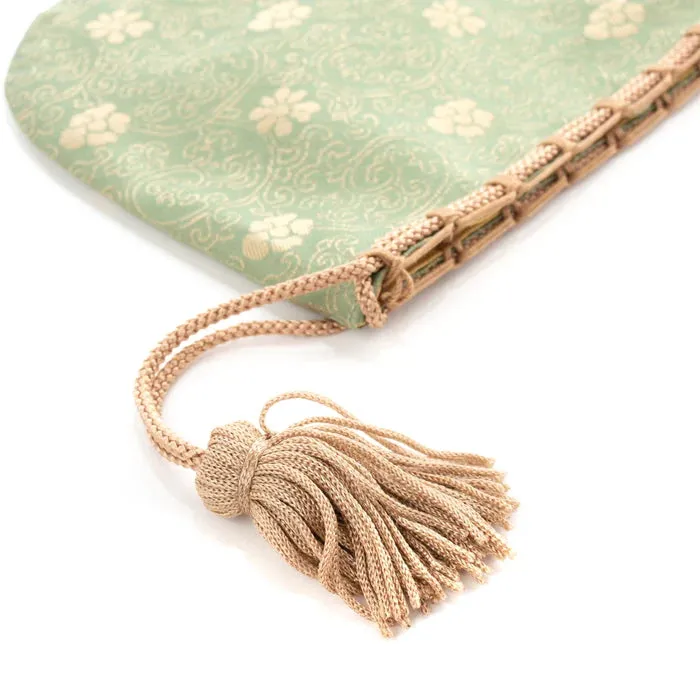 Nishijin-ori Small Drawstring Bag - Chrysanthemum and Peony Flowers / Green -,  Made in Kyoto, Japan,  Japanese traditional craft purse