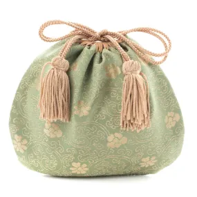 Nishijin-ori Small Drawstring Bag - Chrysanthemum and Peony Flowers / Green -,  Made in Kyoto, Japan,  Japanese traditional craft purse