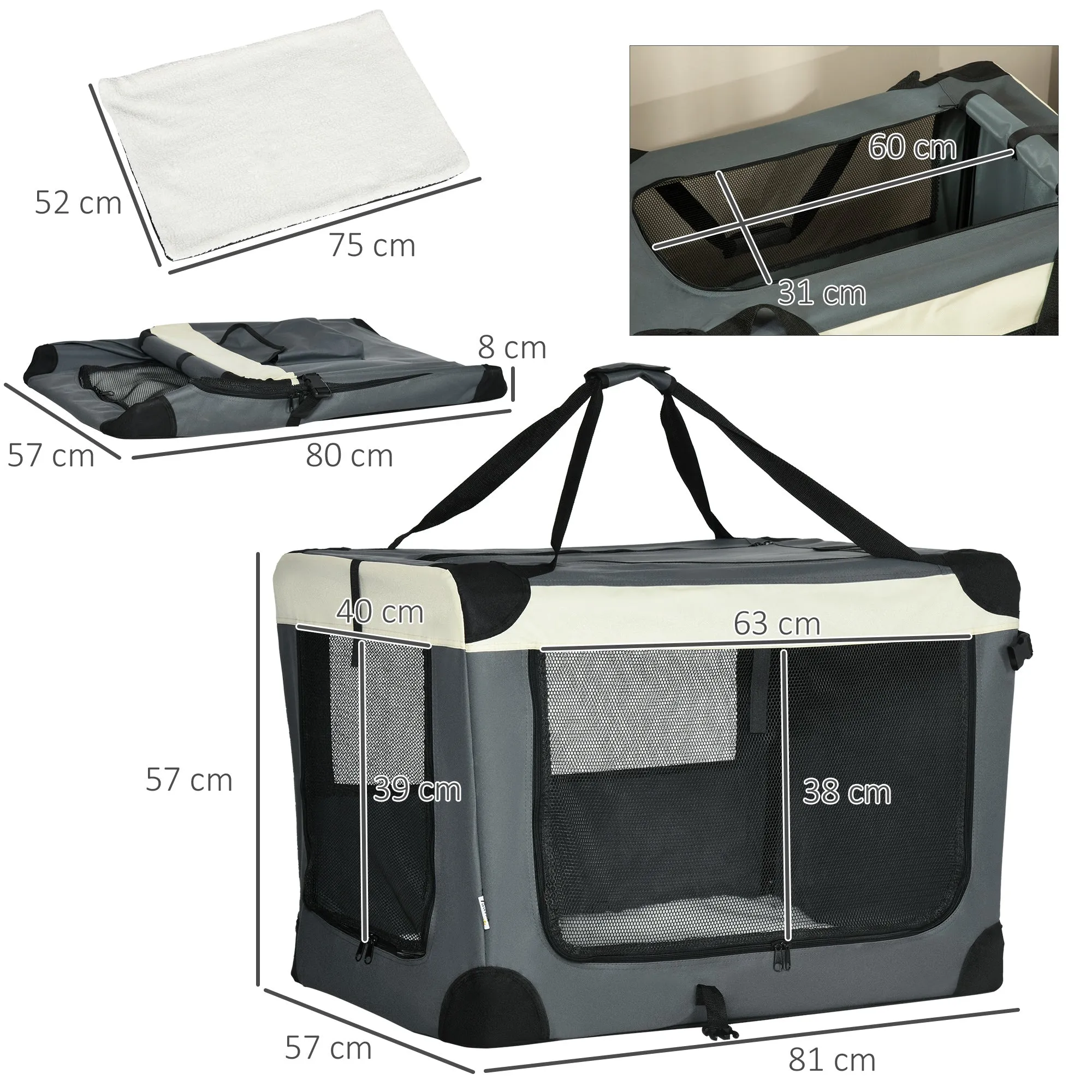 PawHut 81cm Grey Foldable Pet Carrier Bag Soft Travel Dog Crate for Medium Dogs