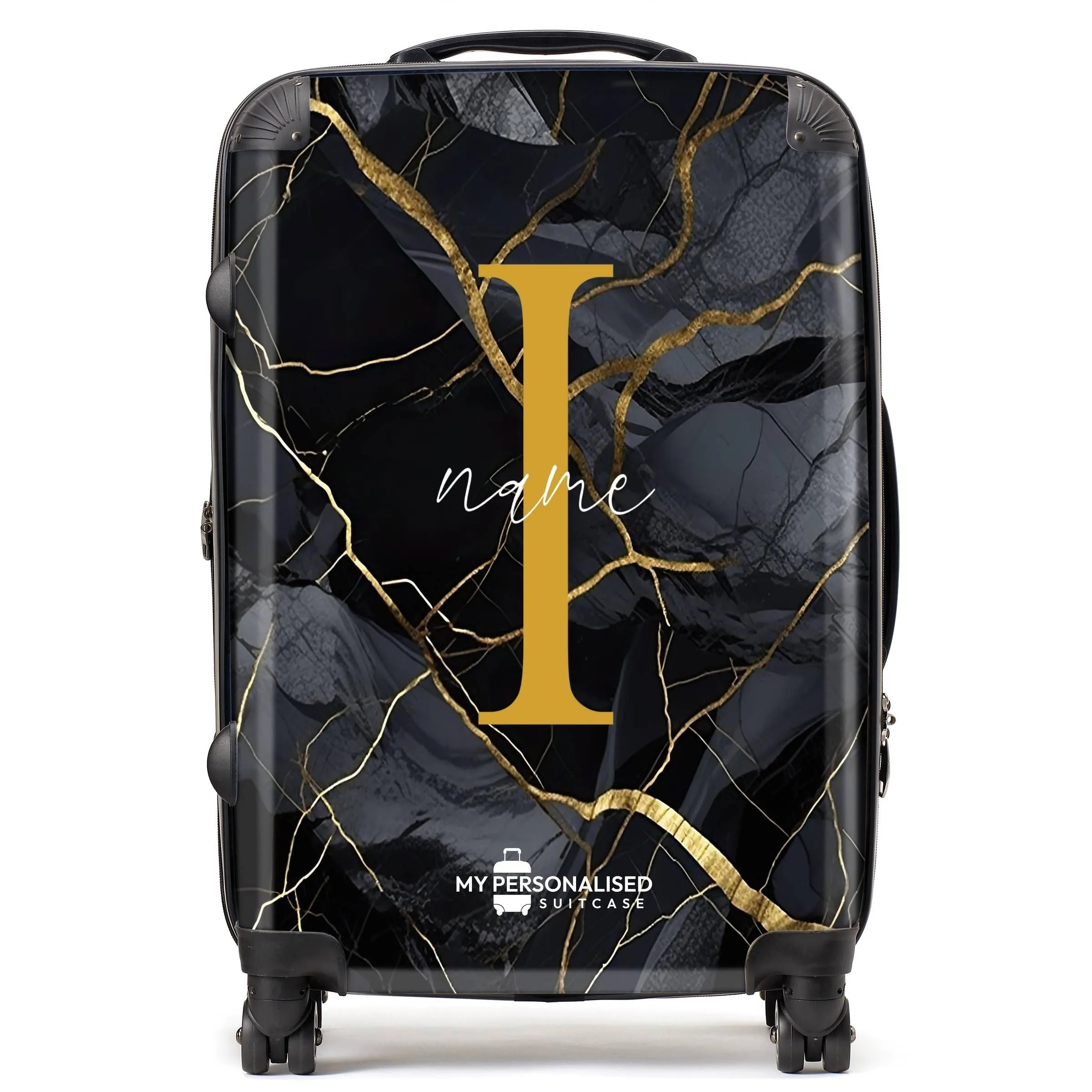 Personalised Black and Gold Cracked Marble Suitcase