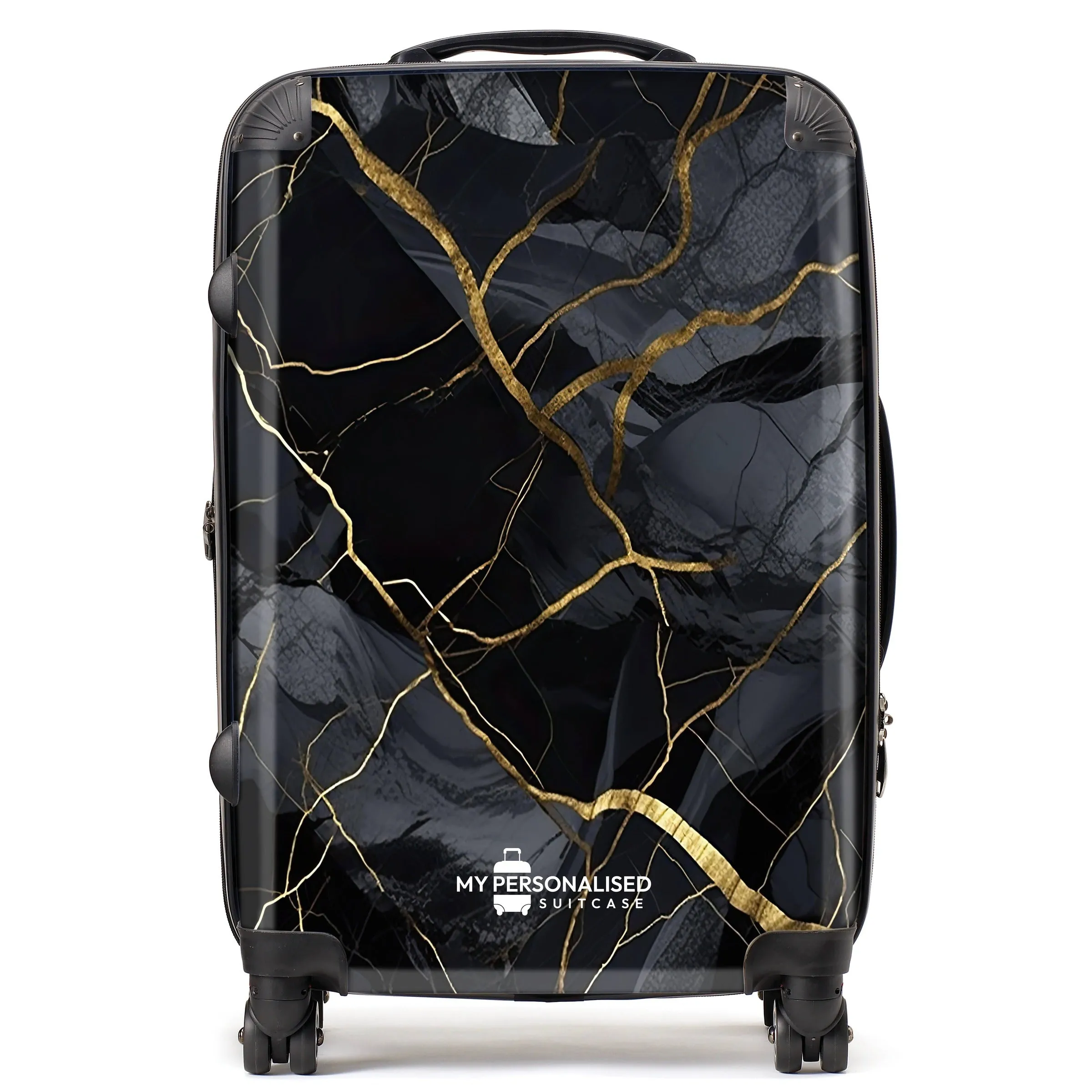 Personalised Black and Gold Cracked Marble Suitcase