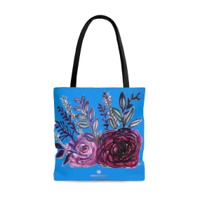 Pink Rose Floral Tote, Pink Rose Blue Ocean Rose Flower Print Floral Designer Tote Bag - Made in USA