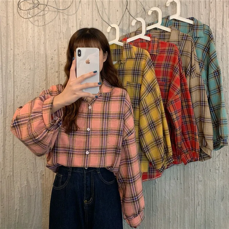 Plaid Women Shirt Loose Spring Long Sleeve Harajuku Korean Loose Ladies Blouse Casual Turn Down Collar Cotton Vintage Tops