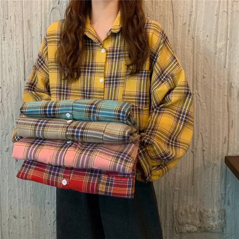 Plaid Women Shirt Loose Spring Long Sleeve Harajuku Korean Loose Ladies Blouse Casual Turn Down Collar Cotton Vintage Tops