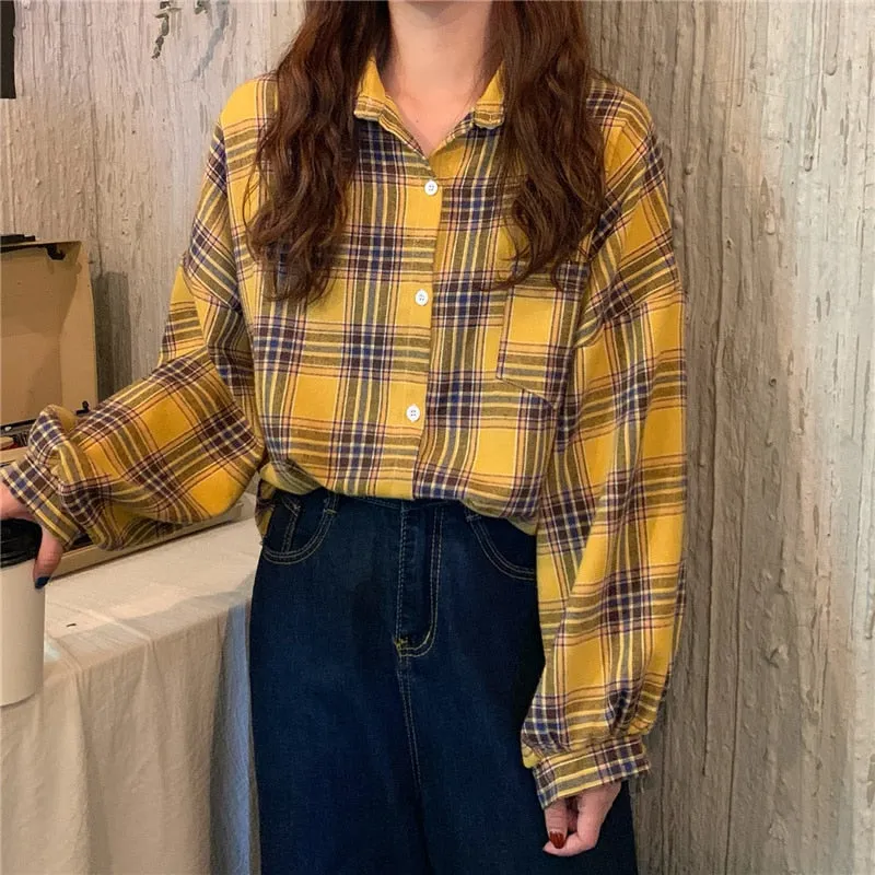 Plaid Women Shirt Loose Spring Long Sleeve Harajuku Korean Loose Ladies Blouse Casual Turn Down Collar Cotton Vintage Tops