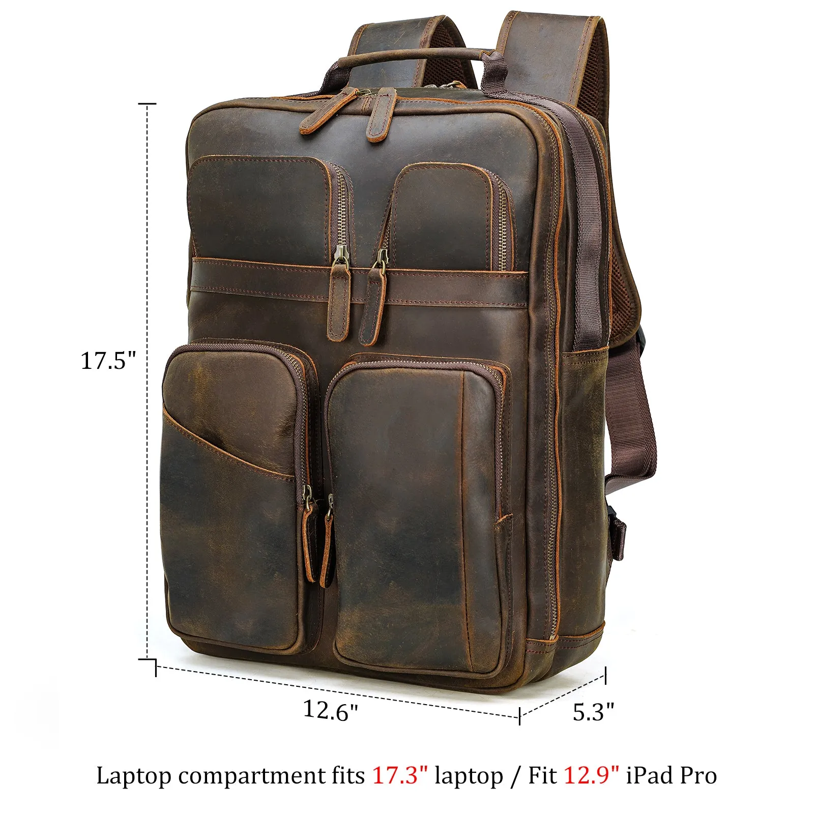 Polare 17.3 Inch Full Grain Leather Backpack for Men Multi Pockets Business Travel Laptop Rucksack