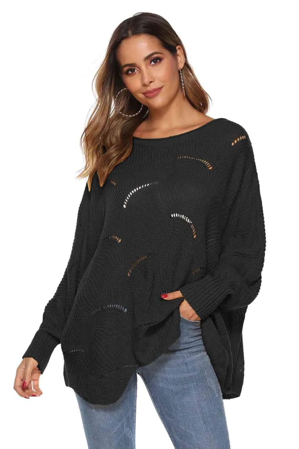 Round Neck Long Sleeve Openwork Sweater