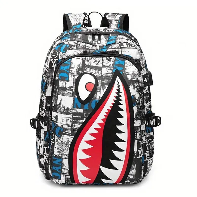 Shark Patterned Nylon Student Backpack