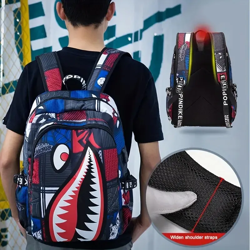 Shark Patterned Nylon Student Backpack