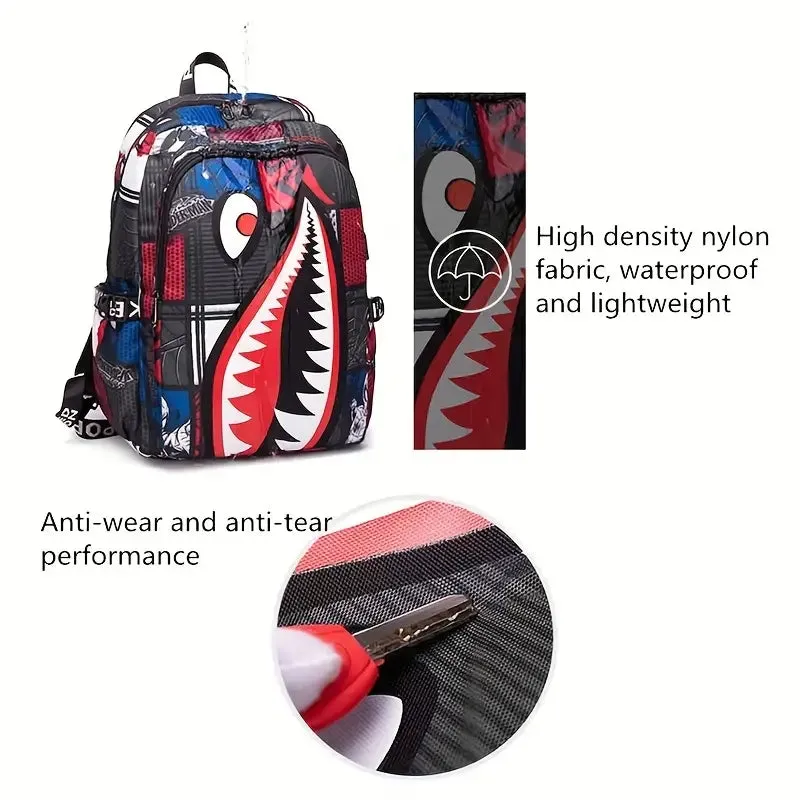 Shark Patterned Nylon Student Backpack