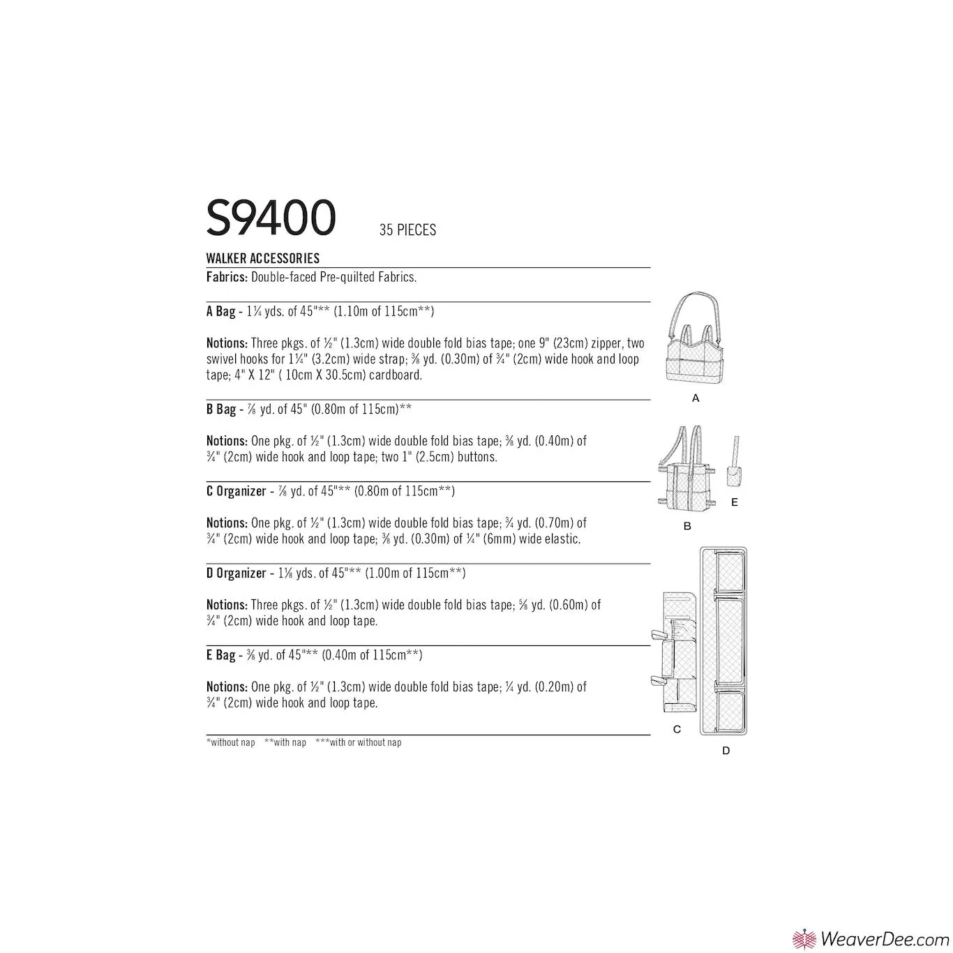 Simplicity Pattern S9400 Walker Accessories, Bag & Organizer