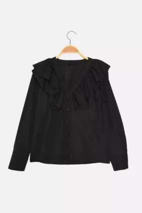 Simply Ruffled Full Sleeve Black Top