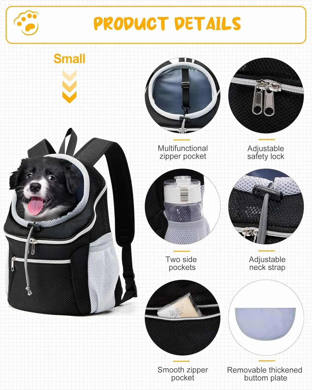 Small Dog Carrier Backpack Pet Dog Carrier Front Pack Breathable Head Out Reflective Safe Warm Doggie Carrier Backpack for Small Dogs Cats Rabbits(S (1-6Lbs), Black)