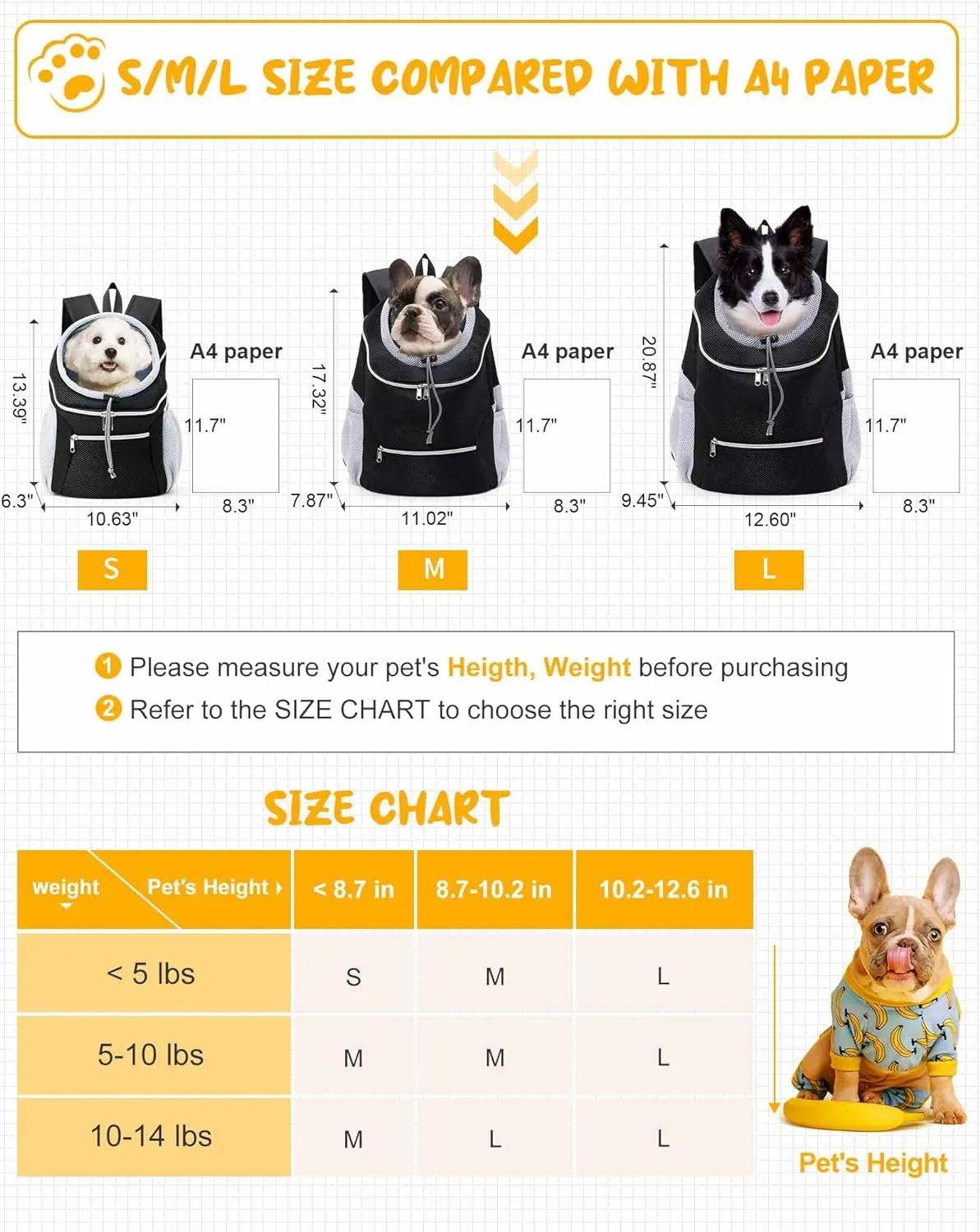 Small Dog Carrier Backpack Pet Dog Carrier Front Pack Breathable Head Out Reflective Safe Warm Doggie Carrier Backpack for Small Dogs Cats Rabbits(S (1-6Lbs), Black)