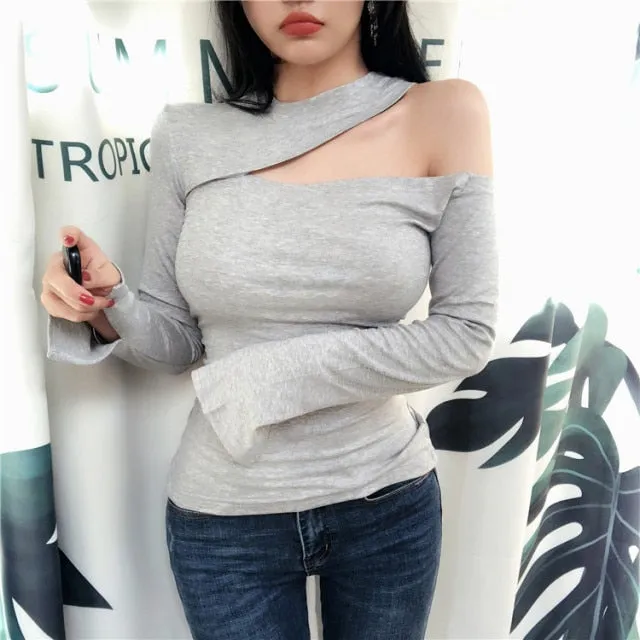 Spring Sexy Elastic Korean Style Turtlenck Off Shoulder Long Sleeve