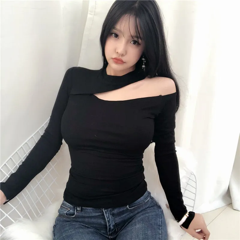 Spring Sexy Elastic Korean Style Turtlenck Off Shoulder Long Sleeve