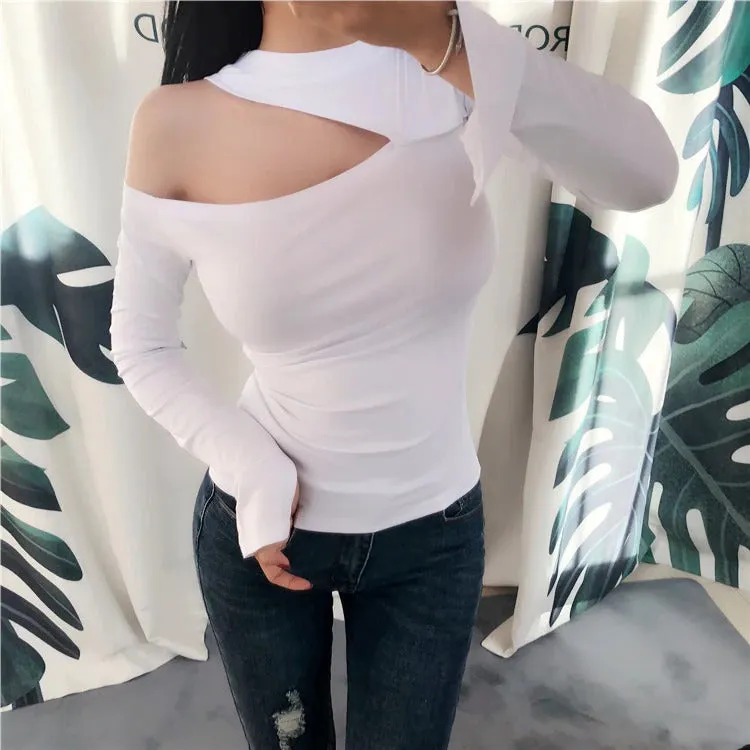 Spring Sexy Elastic Korean Style Turtlenck Off Shoulder Long Sleeve